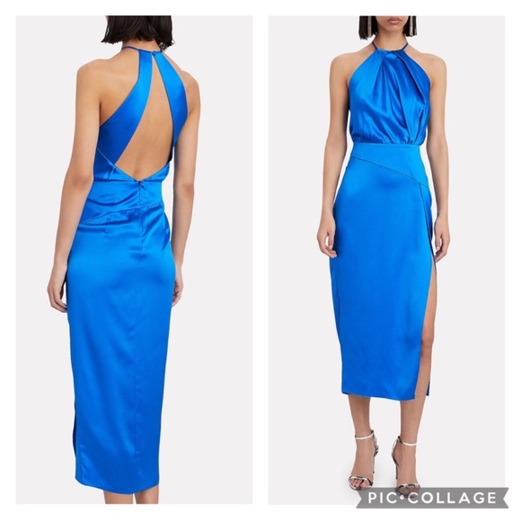 Michelle Mason Blue Silk Satin Halter Dress Slit Open Back - Picture 2 of 10
